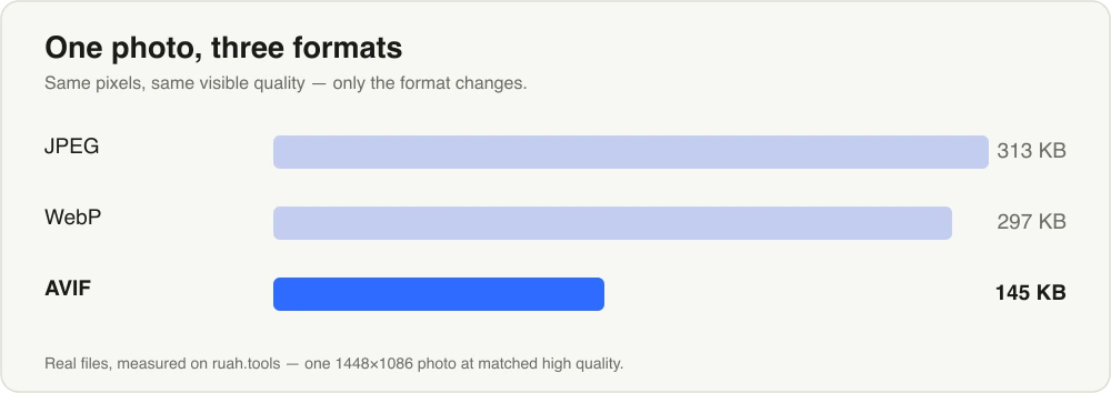 Bar chart comparing the same photo as JPEG, WebP and AVIF, with AVIF the smallest at 145 KB.