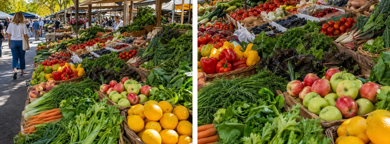 Left: a wide market photo. Right: the same photo cropped tighter onto the produce.
